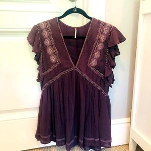 Free People Aubergine Embroidered Ruffle Top